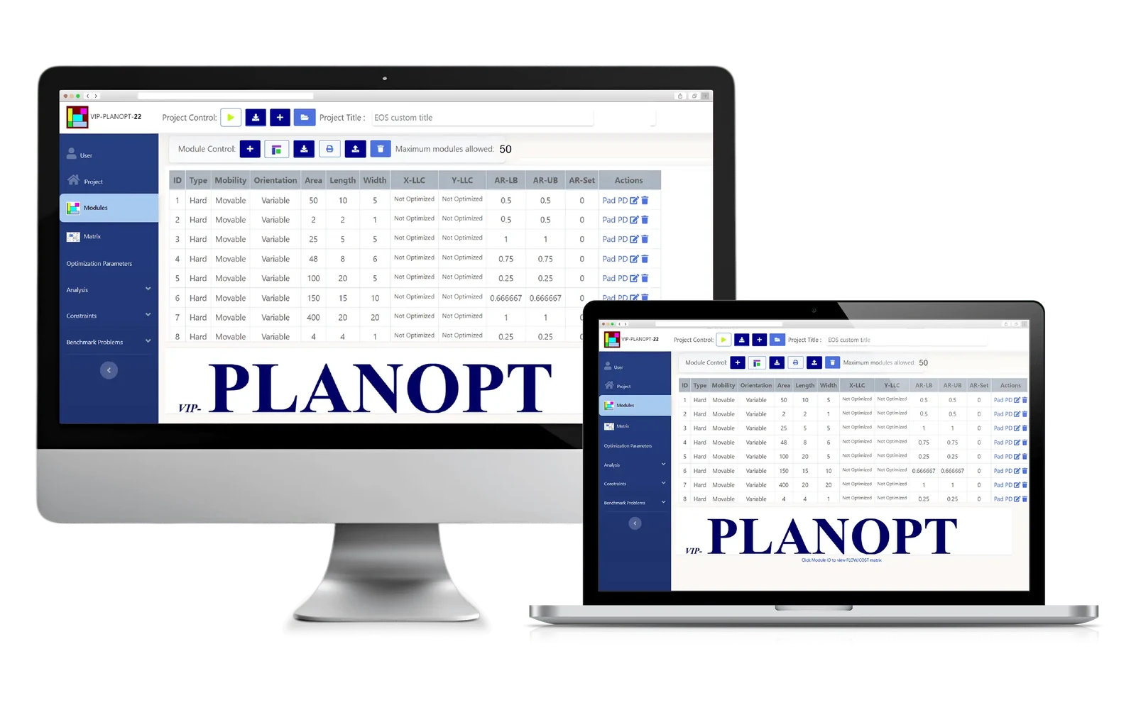 VIP-PLANOPT desktop software shown on a laptop screen